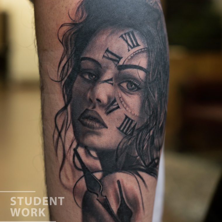 Girl Portrait Tattoo - Clock Tattoo - Student Work at Aliens Tattoo School